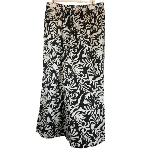 Rachel & Zoe 100% Linen Pull-On Wide Leg Pants Large Tropical Leaf Black White - Picture 4 of 9